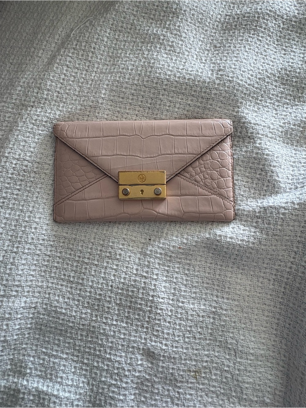 Tory Burch Blush Croc-Embossed Envelope Wallet with Gold Hardware
